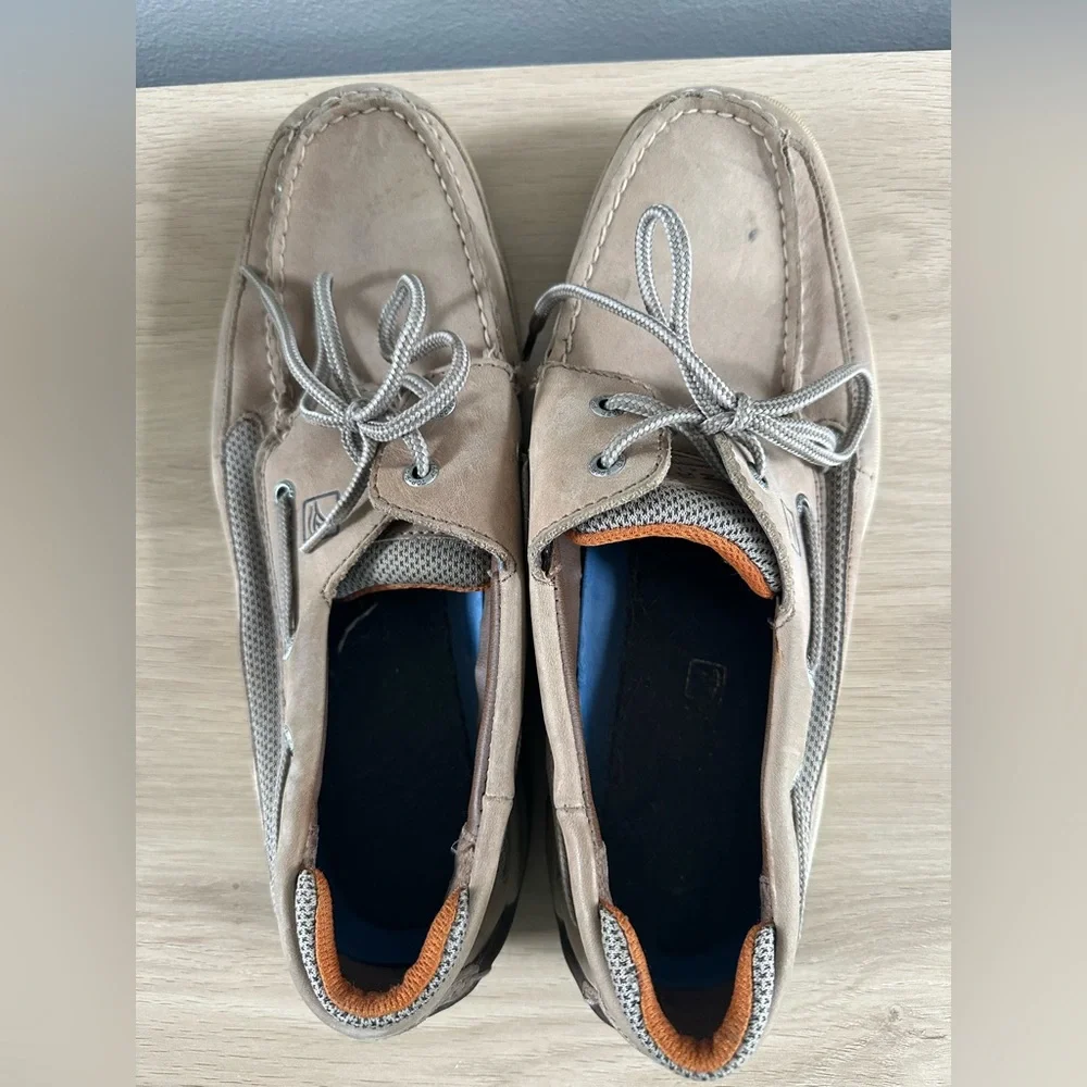 Sperry Men’s Suede Boat Shoes in Light Beige with Tan Trim